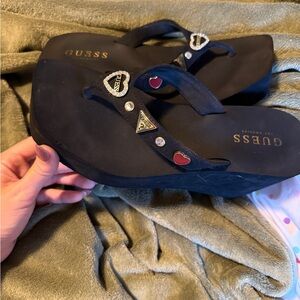 Guess Black Sandals with Heart and Rhinestone Details